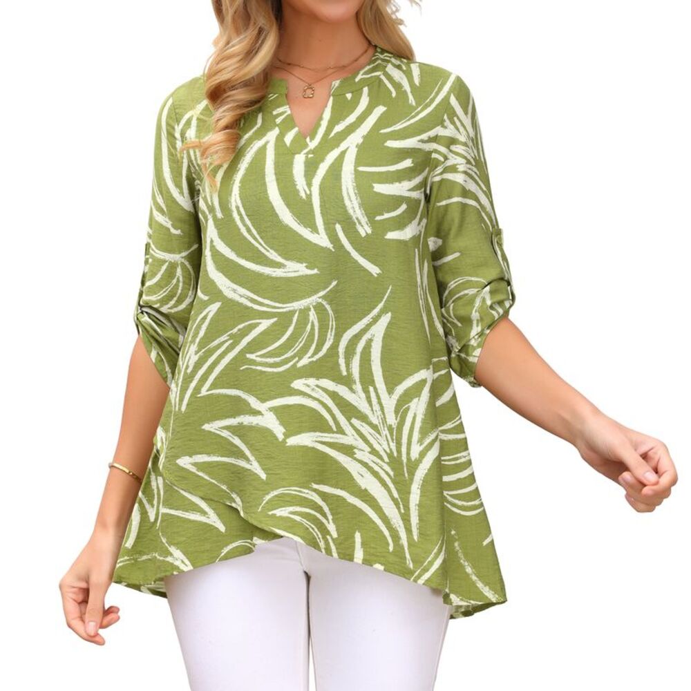 Womens High Low Tops 3/4 Sleeve Dressy Loose Casual Tunic Blouse Green